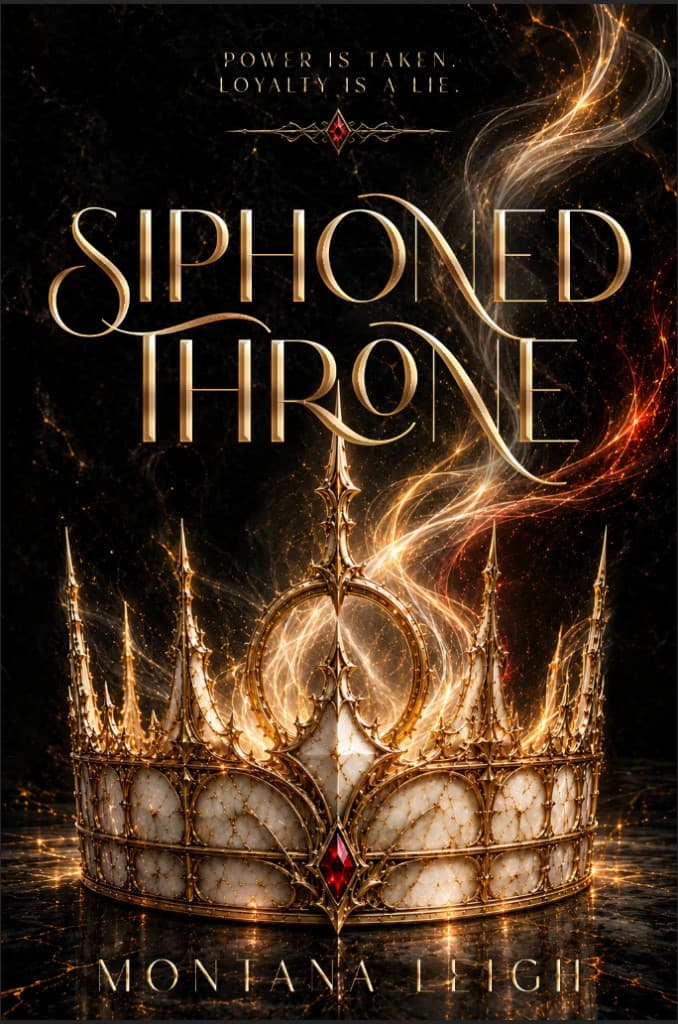 Siphoned Throne book cover — an ornate white and gold crown with a red gem, wreathed in golden magical smoke.